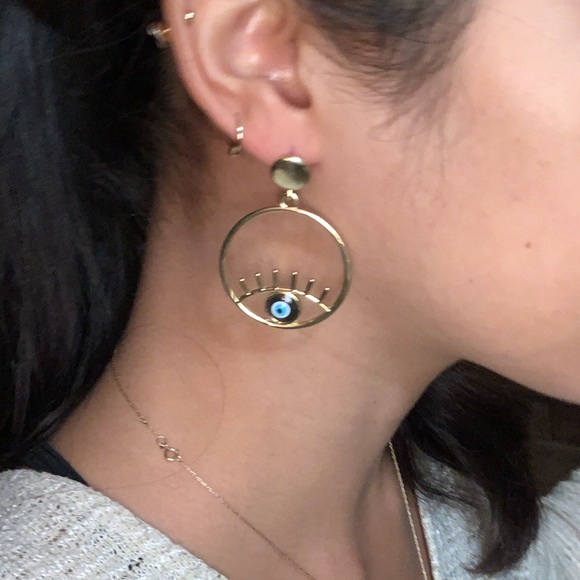 Gold hoop earrings evil eye earrings - Picture 4 of 7